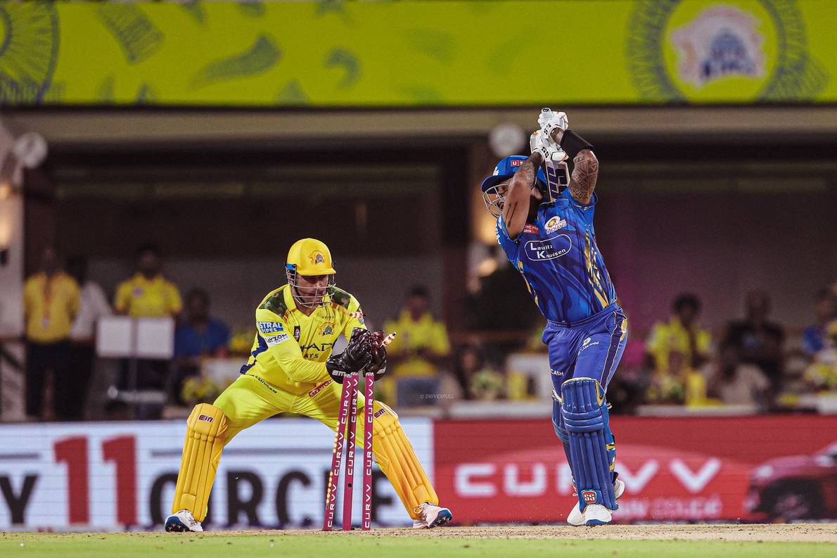 MS Dhoni stumping Suryakumar Yadav off a delivery by Noor Ahmad